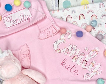 Personalized Baby Girl Gown Set, Personalized Infant Gown and Hat, Rainbow Baby, Newborn Baby Gown Set, Coming Home Outfit
