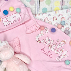 Personalized Baby Girl Gown Set, Personalized Infant Gown and Hat, Rainbow Baby, Newborn Baby Gown Set, Coming Home Outfit