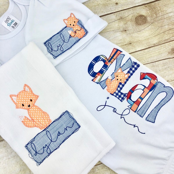 Personalized Baby Boy Gown, Hat, and Burp Cloth Set, Newborn Woodland Fox Infant Gown Set, Personalized Newborn Gown Set, Baby Shower Gift