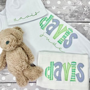Personalized Baby Boy Gown, Hat, and Burp Cloth, Appliquéd Embroidery Infant Gown Set, Baby Boy Infant Gown Set