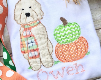 Golden doodle with Pumpkin Shirt, Baby Boy Pumpkin Bodysuit, Embroidered Fall Clothing