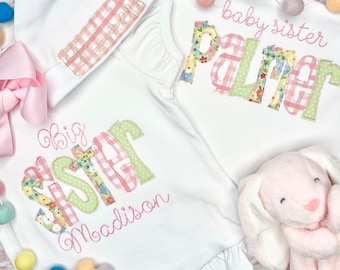 Personalized Baby Girl Gown Big Sister Shirt Set, Newborn Girl Gown and Hat, Infant Gown/Hat and Big Sister Shirt, Sibling Clothing Set