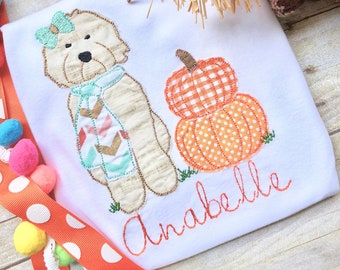 Embroidery Applique Baby Girl Pumpkin Shirt, Thanksgiving Personalized Baby Bodysuit, Golden doodle with Pumpkins Shirt