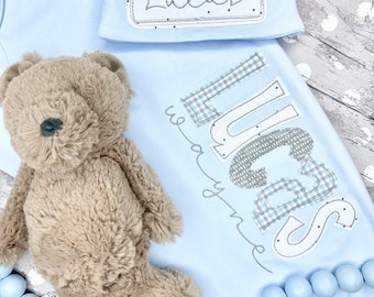 Personalized Baby Boy Gown and Hat, Infant Gown Set, Embroidered and Appliqued Baby Gown