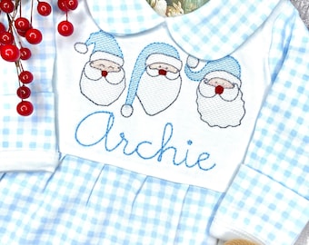 Pijama enterizo navideño personalizado de Papá Noel bordado, pijama enterizo navideño azul a cuadros para bebé, pijama enterizo navideño para niño