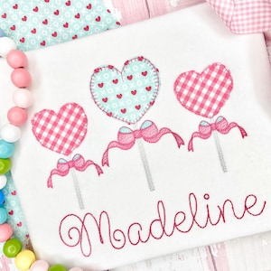 Personalized Embroidered Girl Valentine&#39;s Day Shirt, Applique Embroidered Valentine Lollipops, Baby Girl Valentine Bodysuit
