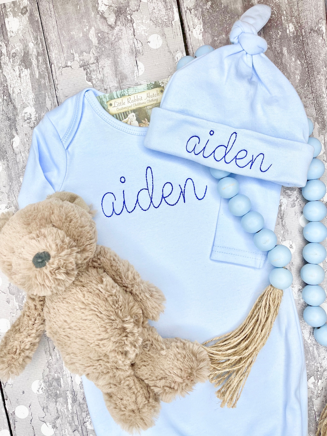 Personalized Baby Boy Gown and Hat, Personalized Embroidery, Monogrammed Baby Boy Infant Gown