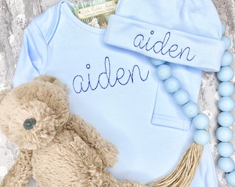Personalized Baby Boy Gown and Hat, Personalized Embroidery, Monogrammed Baby Boy Infant Gown Set, Baby Shower Gift, Baby Hospital Outfit