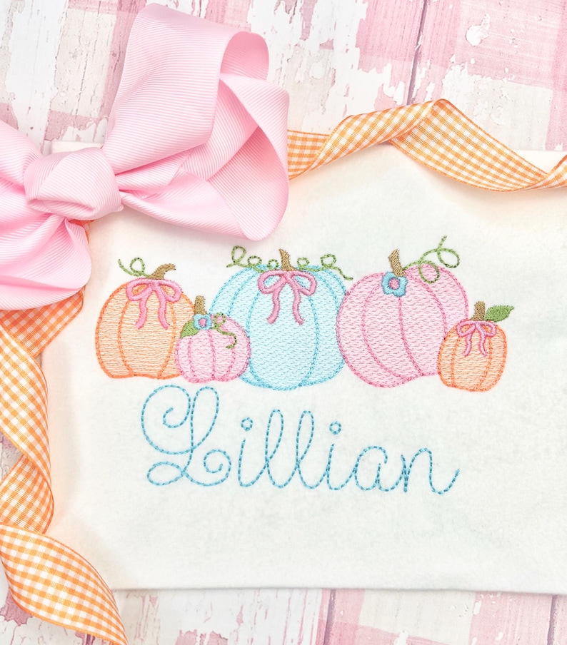 Pu&ograve; includere: Disegno ricamato di cinque zucche di vari colori, tra cui arancione, rosa e blu, con un gambo e foglie verdi. Le zucche sono disposte in fila con il nome "Lillian" ricamato sotto.