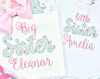 Personalized Big Sister Applique Embroidery Shirt, Personalized Little Sister Bodysuit, Sibling Shirt Set, New Baby Announcement
