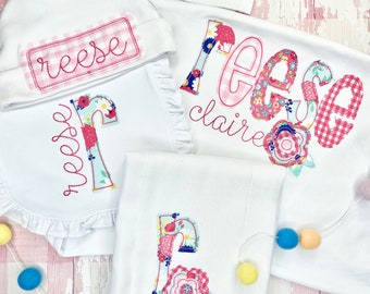Personalized Baby Girl Gown Set, Newborn Baby Gown, Hat, Bib, Burp, Embroidery Applique Personalized Gown Set, Baby Shower Gift
