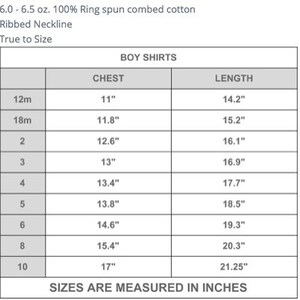 May include: A size chart for boy shirts, with chest and length measurements in inches. Sizes range from 12 months to size 10. The chart includes details like chest size from 11" to 17" and length from 14.2" to 21.25".
