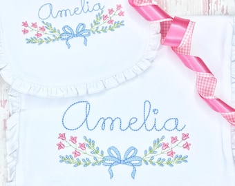 Personalized Baby Girl Ruffled Bib and Burp Cloth Set, Floral Swag with Bow Embroidered Baby Bib and Burp Cloth, Baby Girl Gift Set