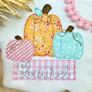 May include: A white fabric with three embroidered pumpkins. The pumpkins are in pink, yellow, and blue with floral patterns. The fabric has the name "Laurel" embroidered in pink on a pink and white gingham background.