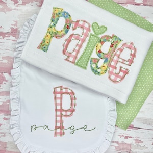 Monogrammed Baby Bib and Burp Cloth, Personalized Bib and Burp, Embroidered Baby Girl Gift Set