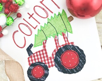 Embroidered Personalized Christmas Tractor Shirt, Tractor With Christmas Tree Shirt, Baby Boy Christmas Onesie, Boy Christmas Shirt