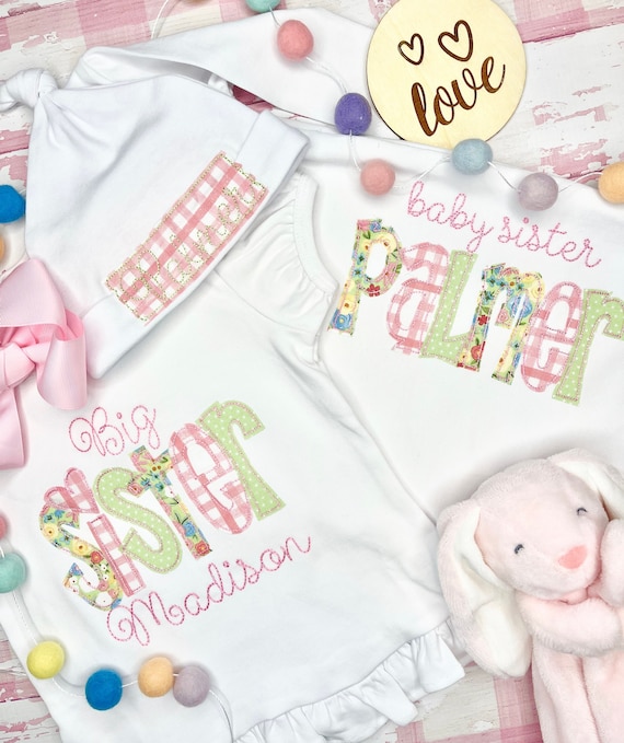Personalized Baby Girl Gown Big Sister Shirt Set, Newborn Girl Gown and Hat, Infant Gown/Hat and Big Sister Shirt, Sibling Clothing Set