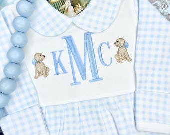 Monogrammed Infant Outfit, Baby Boy Gingham Footie, Baby Boy Monogrammed Coming Home Outfit