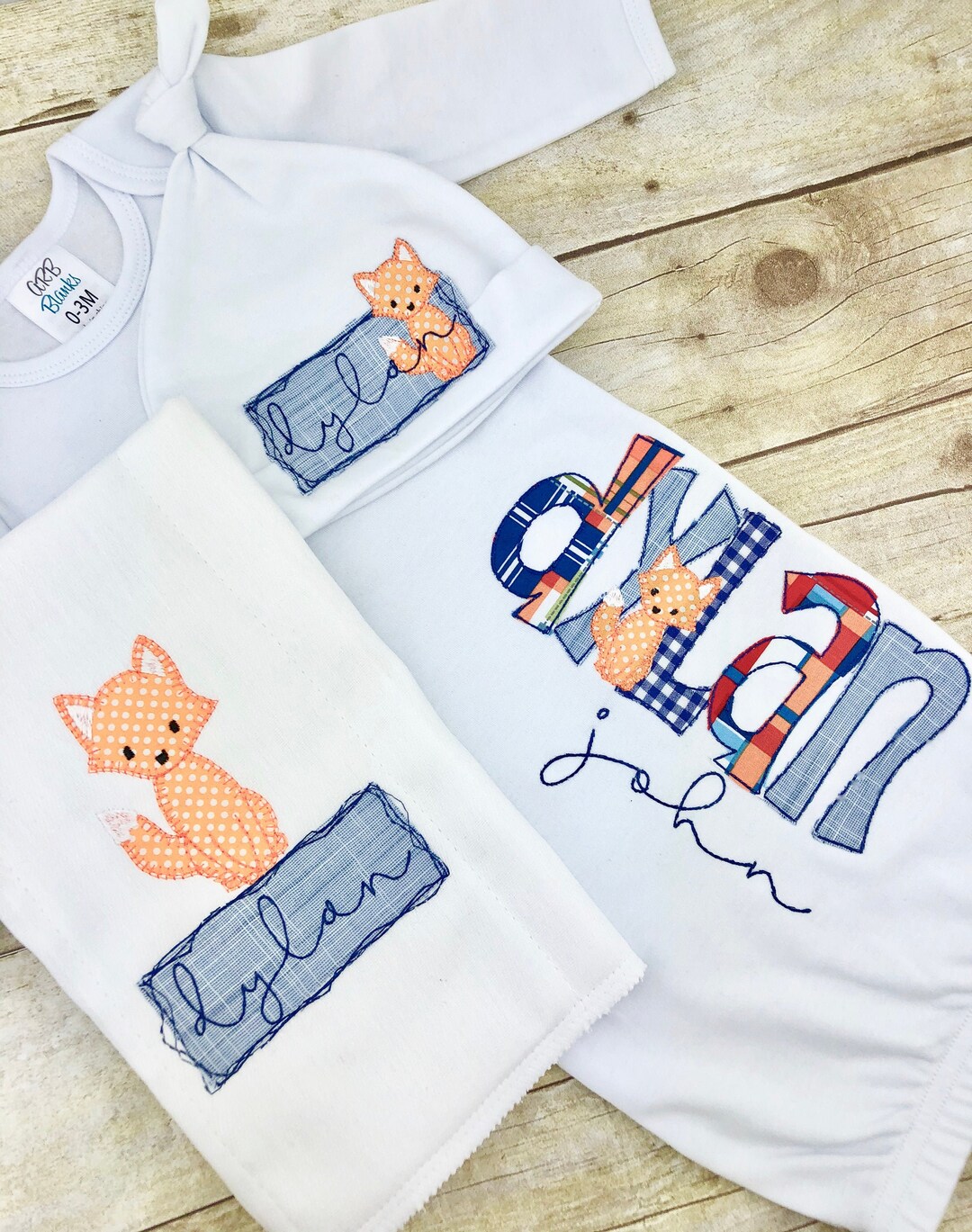 Personalized Baby Boy Gown, Hat, and Burp Cloth Set, Newborn Woodland