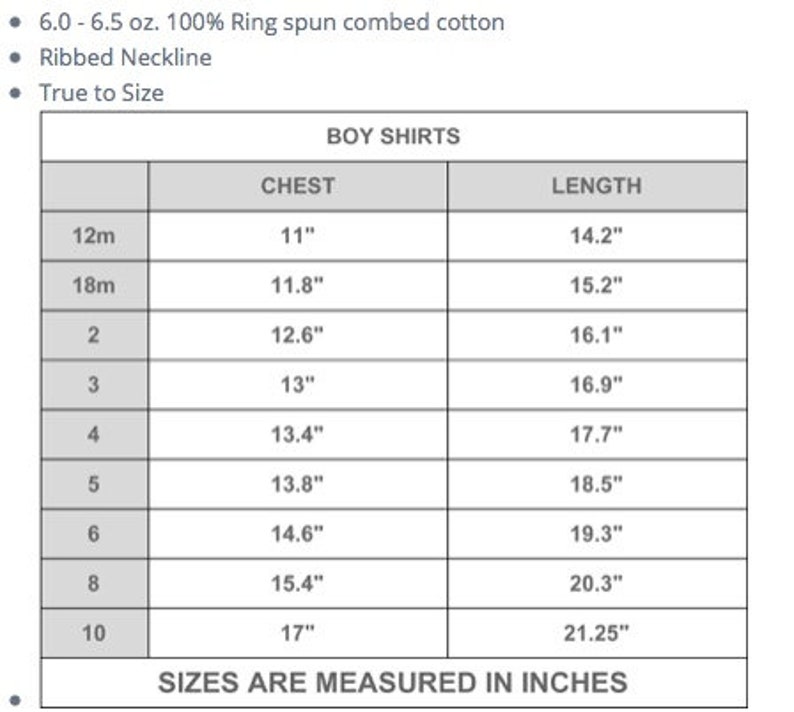 May include: Size chart for boy's shirts, showing chest and length measurements in inches for sizes 12m to 10.  Sizes are measured in inches.