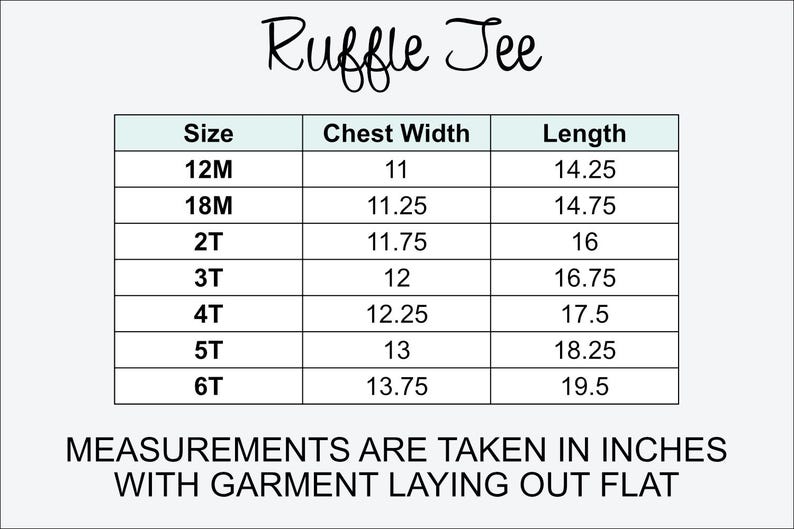 May include: Image features a size chart for a "Ruffle Tee" with measurements in inches. The chart includes sizes from 12M to 6T, detailing chest width and length. The text "MEASUREMENTS ARE TAKEN IN INCHES WITH GARMENT LAYING OUT FLAT" is also present.