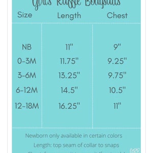 May include: Size chart for girls' ruffle bodysuits, showing sizes from newborn to 18 months, with corresponding chest and length measurements in inches.
