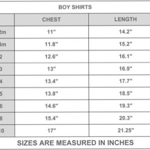 May include: A size chart for boy's shirts, showing chest and length measurements in inches for sizes 12 months to 10 years.