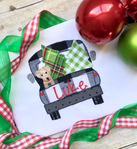 Christmas Tree Farm Truck with Puppy Toddler Shirt, Personalized Christmas Onesie, Embroidered Boy Christmas Clothes, Christmas Baby Onesie