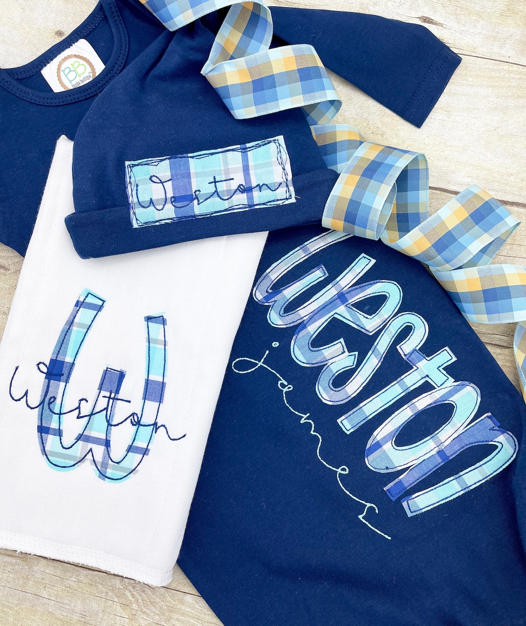 Personalized Embroidered Baby Boy Gown, Hat, and Burp Cloth Set