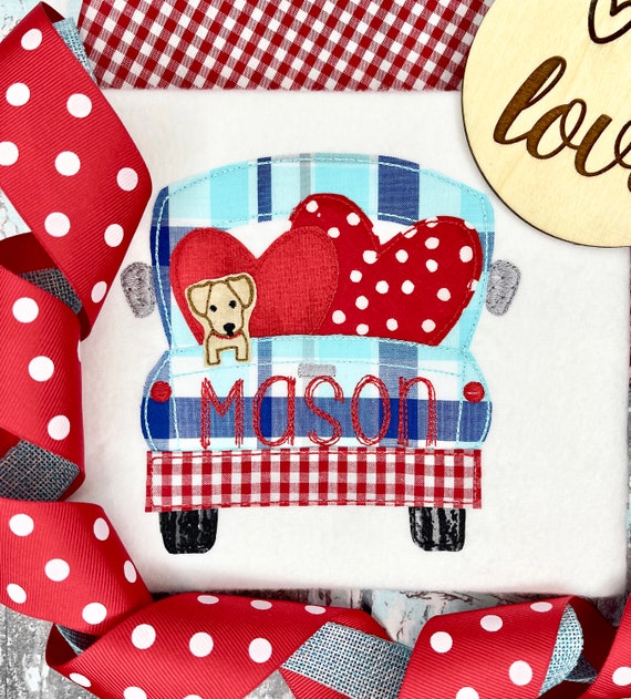 Personalized Valentine Truck Shirt, Embroidered Heart Shirt, Boy Valentine Shirt, Unisex Valentine Truck with Dog, Applique Embroidery