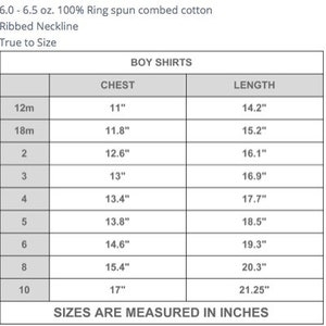 May include: Size chart for boy's shirts, showing chest and length measurements in inches for sizes 12m to 10.