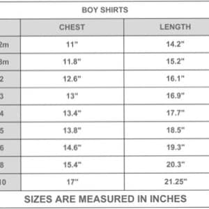 May include: A size chart for boy's shirts with measurements in inches for chest and length. The chart includes sizes from 12 months to 10 years.