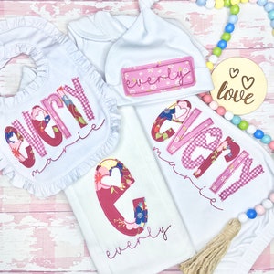 Personalized Baby Girl Gown Set, Newborn Baby Gown, Hat, Burp Cloth, and Bib, Baby Shower Gift