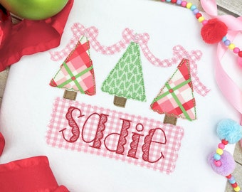Girl Christmas Tree Trio Shirt, Personalized Christmas Shirt, Embroidery Applique Girl Christmas Bodysuit, Christmas Tree Embroidery