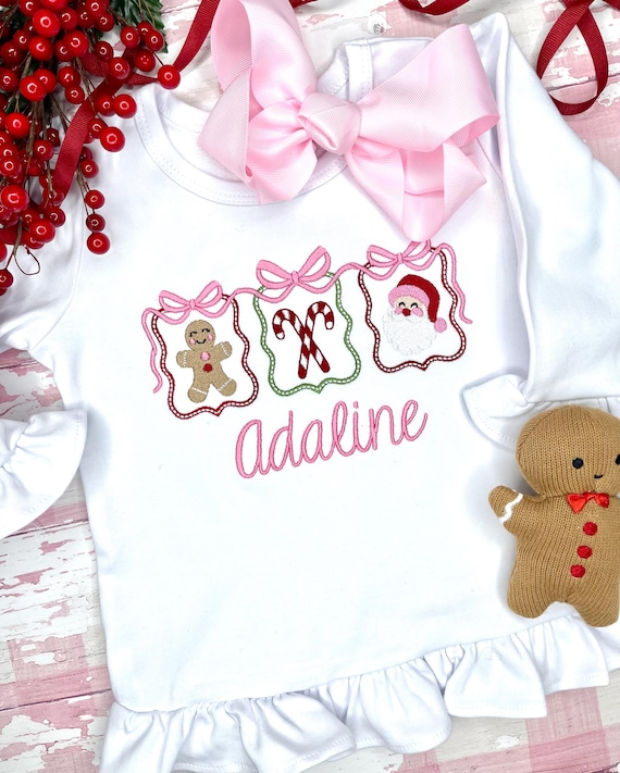 Personalized Girl Christmas Shirt, Embroidered Christmas Outfit, Gingerbread, Candy Cane and Santa Shirt for Girls, Holiday Embroidery