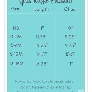Puede incluir: Tabla de tallas para bodies de volantes para ni&ntilde;as, que muestra las tallas desde reci&eacute;n nacido hasta 18 meses, con las medidas de pecho y largo correspondientes en pulgadas.