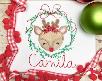 Embroidered Personalized Christmas Shirt, Girl Reindeer Christmas Shirt, Girl Christmas Clothes, Girl Christmas Outfit, Baby Christmas Shirt