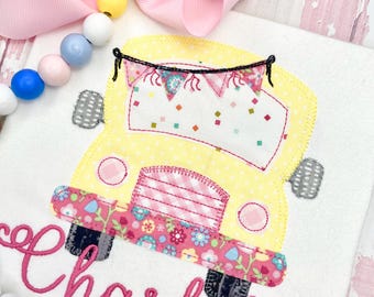 Personalized Back to School Shirt, School Bus Shirt, Girl 1st Grade Outfit, Embroidery Applique Girl School Shirt