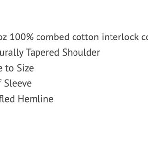 May include: Text on a white background lists product features: 6+ oz 100% combed cotton interlock cotton, Naturally Tapered Shoulder, True to Size, Puff Sleeve, and Ruffled Hemline.