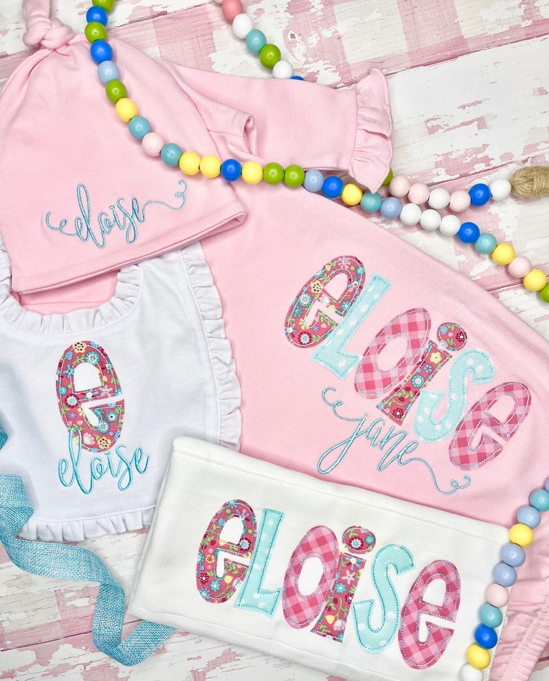 Personalized Baby Girl Gown Set Infant Gown Hat Bib Burp Etsy