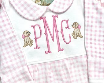 Monogrammed Infant Outfit, Baby Girl Gingham Footie, Monogrammed Coming Home Outfit, Embroidered Personalized Baby Girl Outfit With Puppies