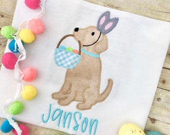 Personalized Boy Dog with Easter Basket Shirt, Personalized Easter Bodysuit, Embroidery Applique, Easter Dog Clothes