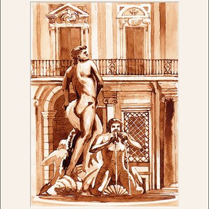 Watercolors from Rome, Italy - The MORO FOUNTAIN - Piazza Navona - Wall decor - Present ideas - Download & print the original artwork