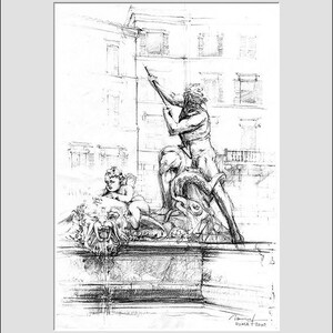Drawings from Rome, Italy - FONTANA del NETTUNO (2) - Piazza Navona - Wall art - Download & print the original artwork