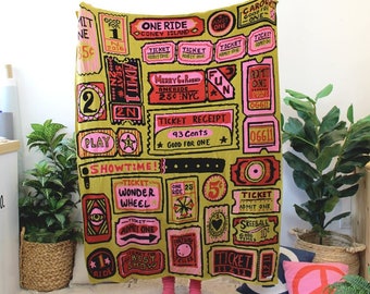 Admit one Knit Throw Blanket in Fortune Teller - New York Home Decor - Coney Island Theme Room Art - Vintage Tickets - Carnival