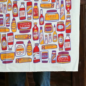 Condiments Print Tea Towel Kitchen Decor Ketchup Mustard Pickle Butter Hot Sauce Mayo Capers Salt & Pepper Olives image 2