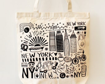 New York Tote Bag with Zipper Closure - NYC Design - Reusable Canvas Tote Bag- Reusable Tote - Cotton Fabric Gift Bag - Brooklyn Tote Bag