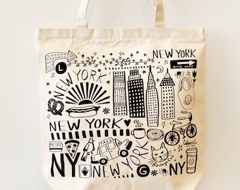 New York Tote Bag with Zipper Closure - NYC Design - Reusable Canvas Tote Bag- Reusable Tote - Cotton Fabric Gift Bag - Brooklyn Tote Bag