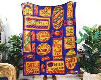 Sweet Treat Knit Throw Blanket in Coney Island - New York Home Decor - Coney Island Theme Room Art - Vintage Candies -  Chocolates