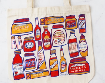 Condiments Print Tote Bag - Ketchup Hot Sauce - Reusable Canvas Bag with Zipper